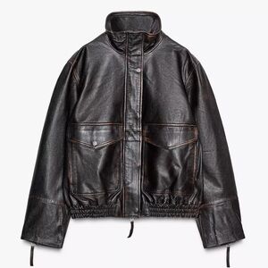 ZARA COLLECTION Limited Edition Leather Bomber Jacket in Dark Brown